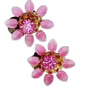 VTG Mid Century Signed Austria Pink Enamel Rhinestone Flower Clip On Earrings